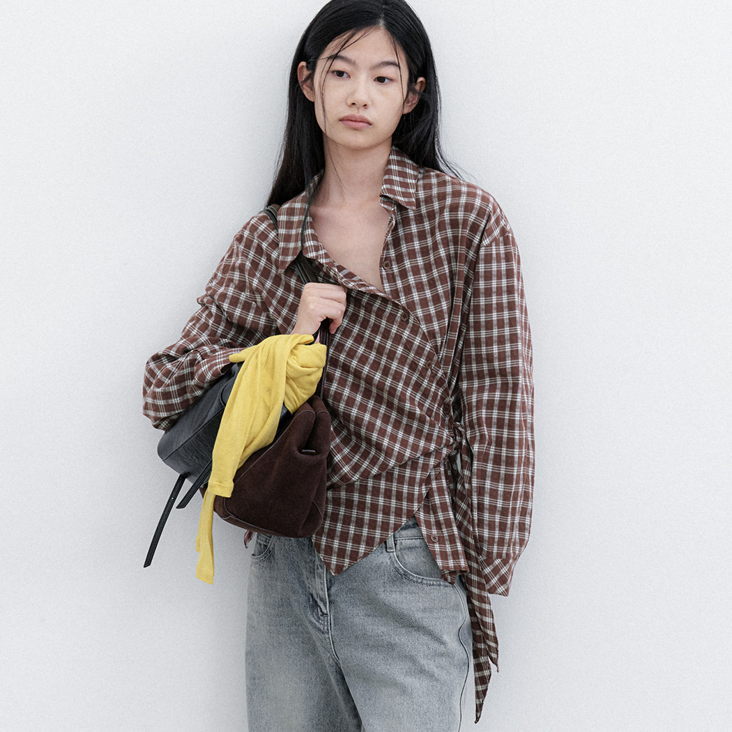 （BL-4436）WRAP TIE WASHING CHECK BLOUSE