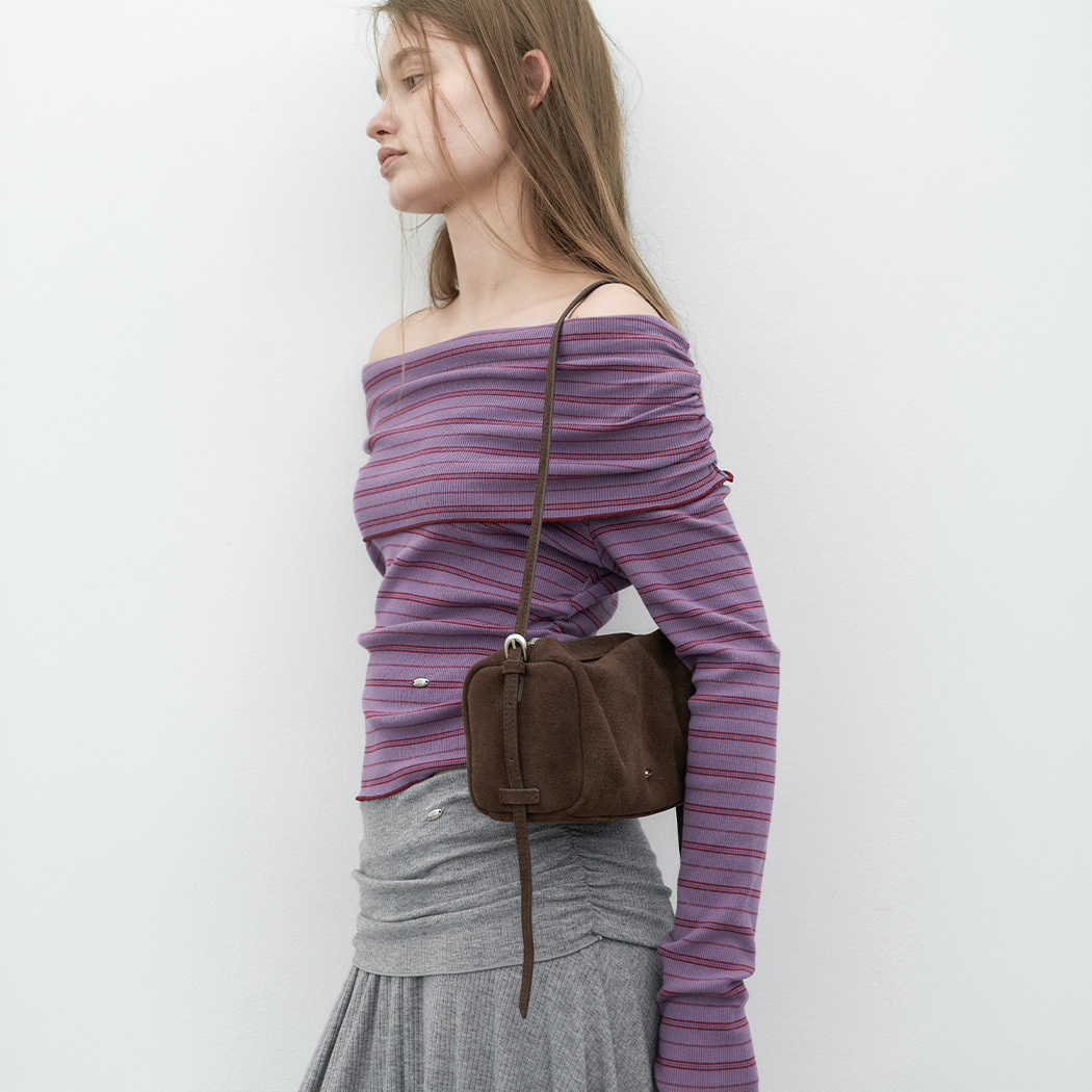 （T-7279）STRIPE INTERLOCK OFF SHOULDER TEE