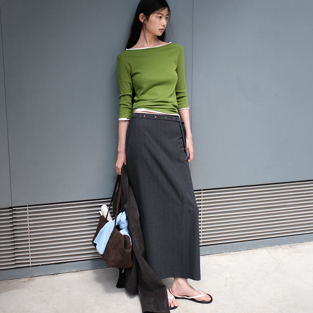 （SK-5125）EYELET BELTED STRIPE LOW RISE MAXI SKIRT S