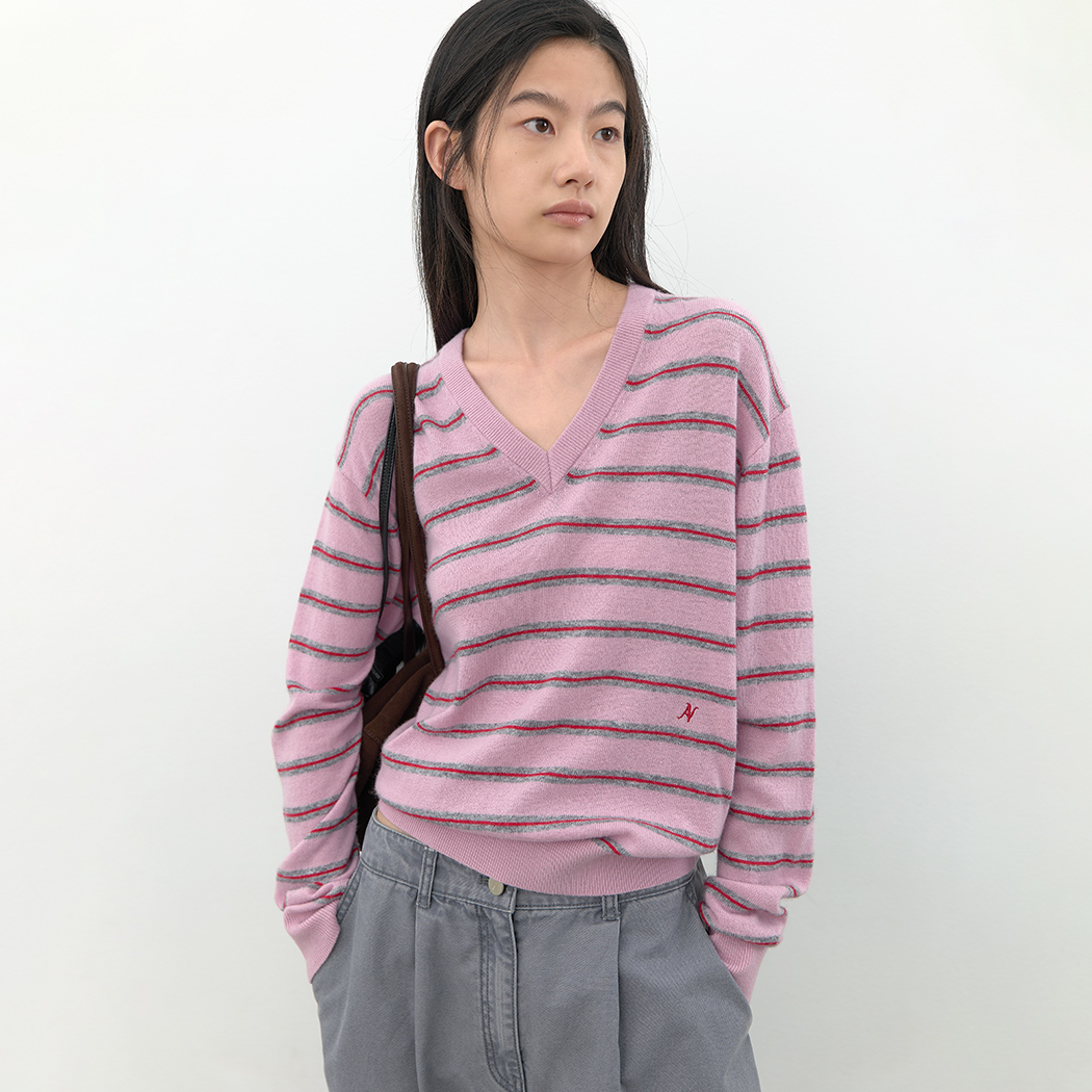 （T-7302）WOOL STRIPE V-NECK KNIT