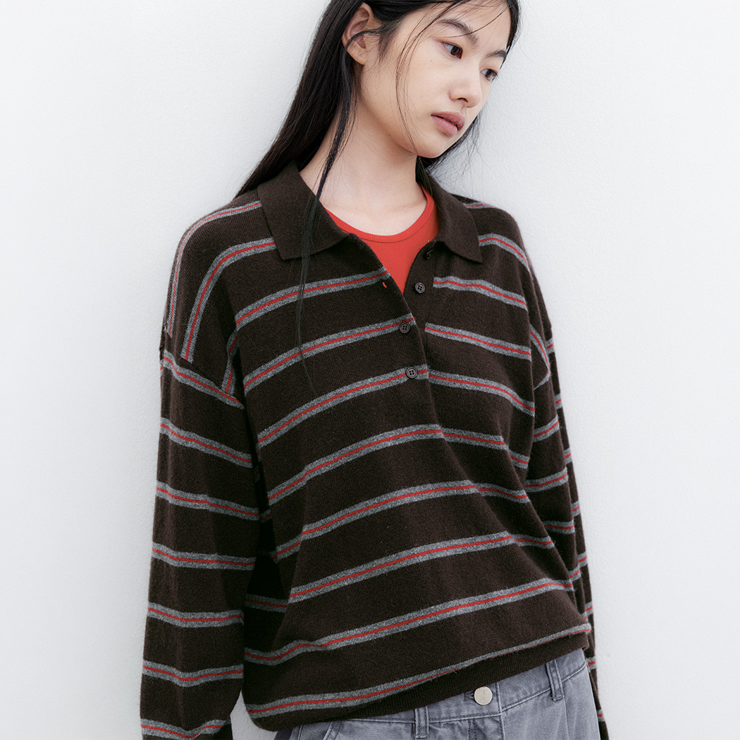 (T-7304)WOOL STRIPE COLLAR LOOSE FIT KNIT