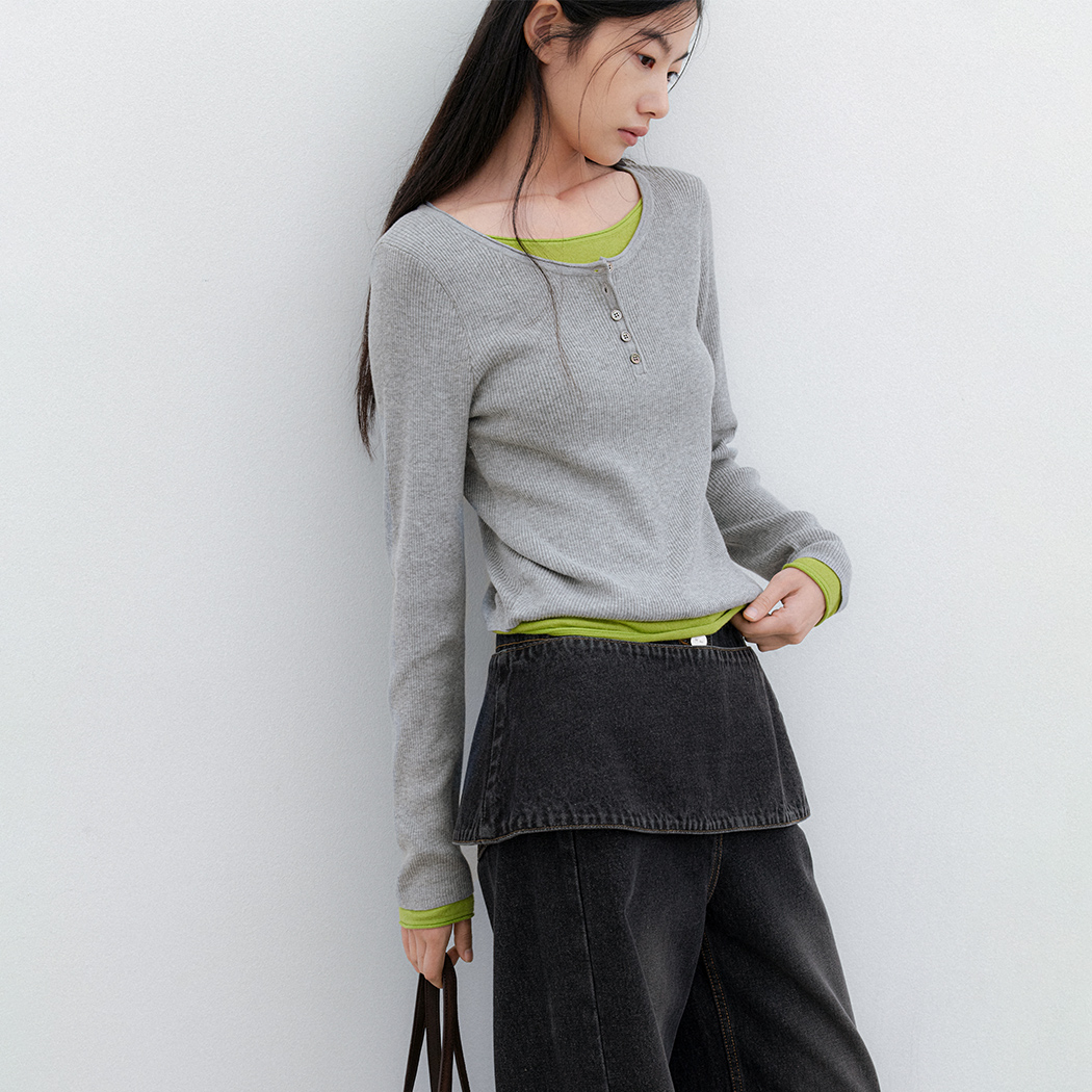 （T-7293）COLOR-BLOCK HENLEY NECK LAYERED KNIT