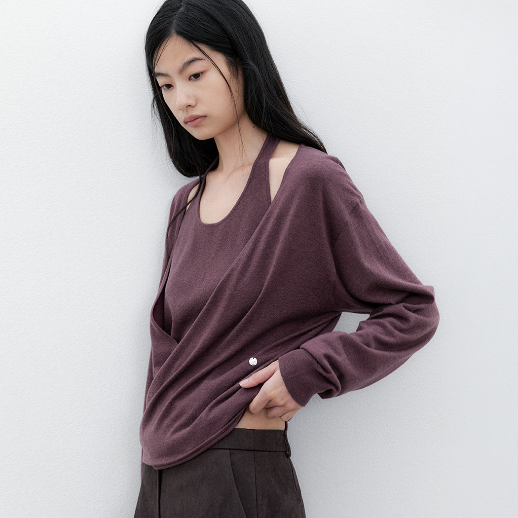 （T-7298）HALTER TOP LAYERED WRAP DRAPE KNIT