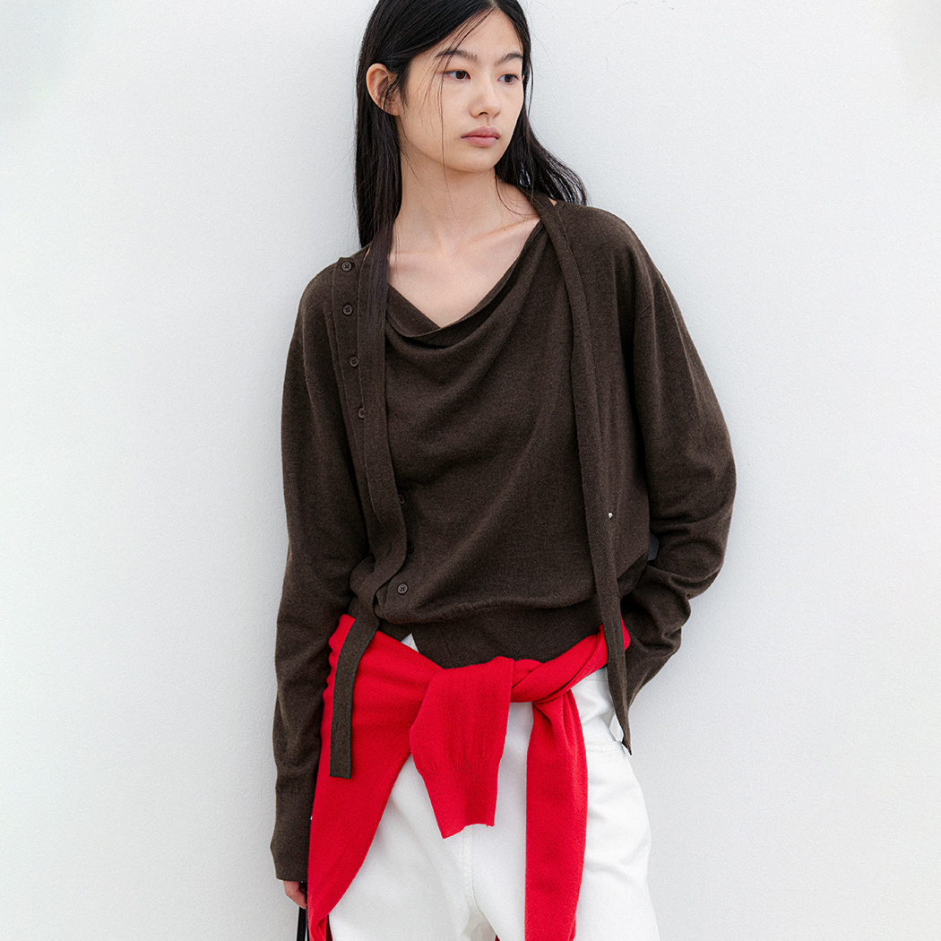 （CD-2285）COWL NECK SIDE BUTTON TIED KNIT