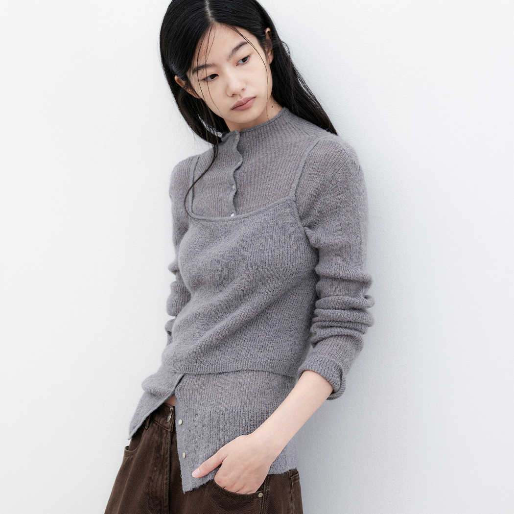 （CD-2283）LAYERED RIBBED SHEER CARDIGAN＆TOP KNIT SET S