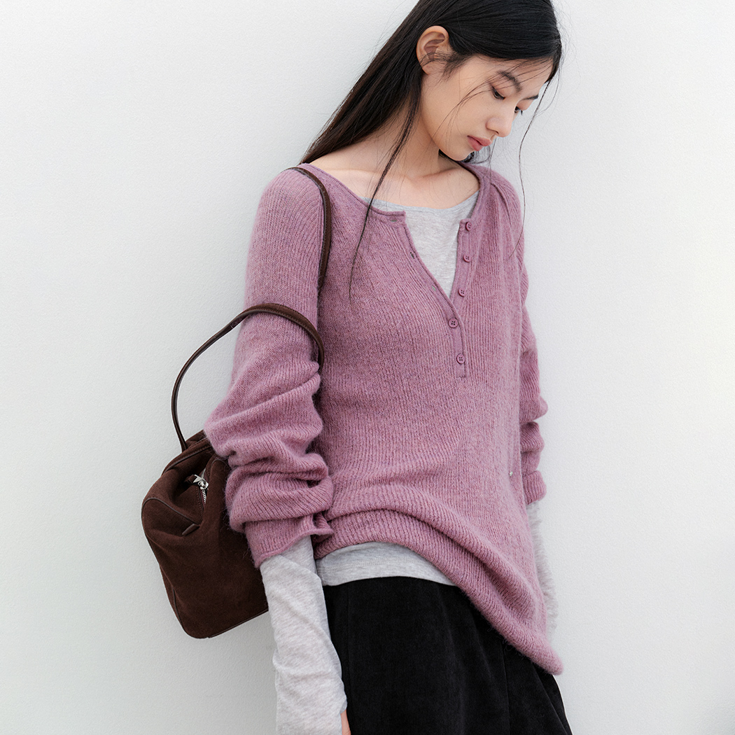(T-7306)SHEER HENLEY NECK KNIT