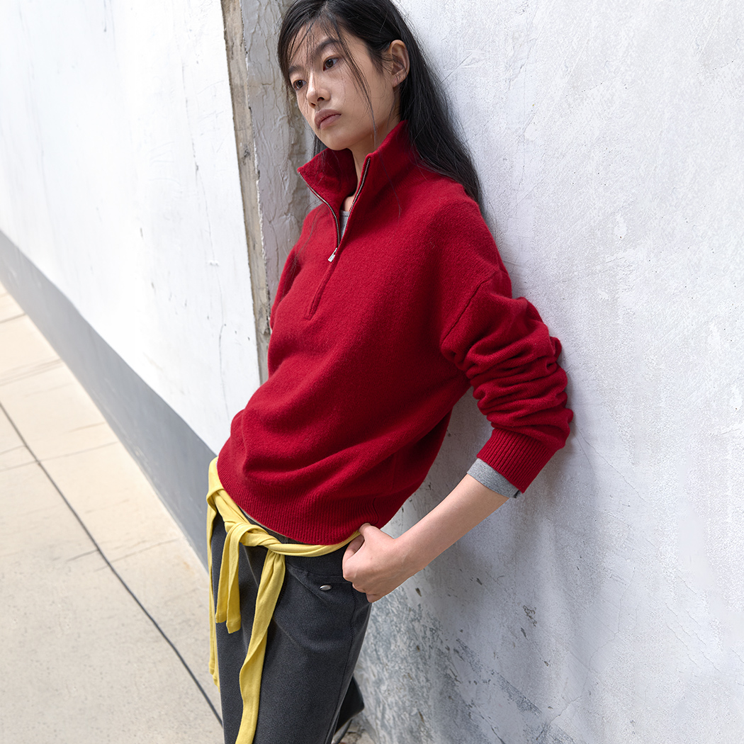 (T-7317)WOOL 100%HALF ZIP-UP LOOSE FIT KNIT