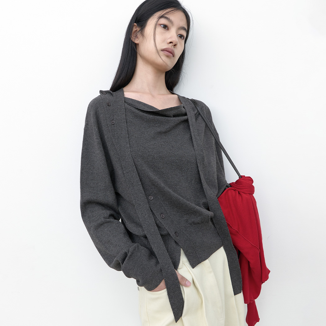 （CD-2285）COWL NECK SIDE BUTTON TIED KNIT