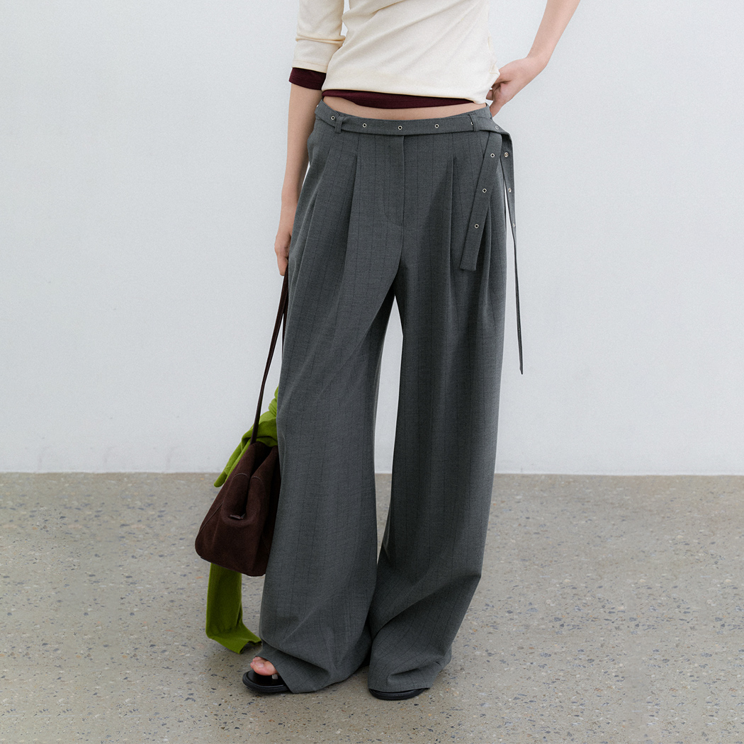 (PT-5816)EYELET BELTED STRIPE TWO TUCK PANTS S