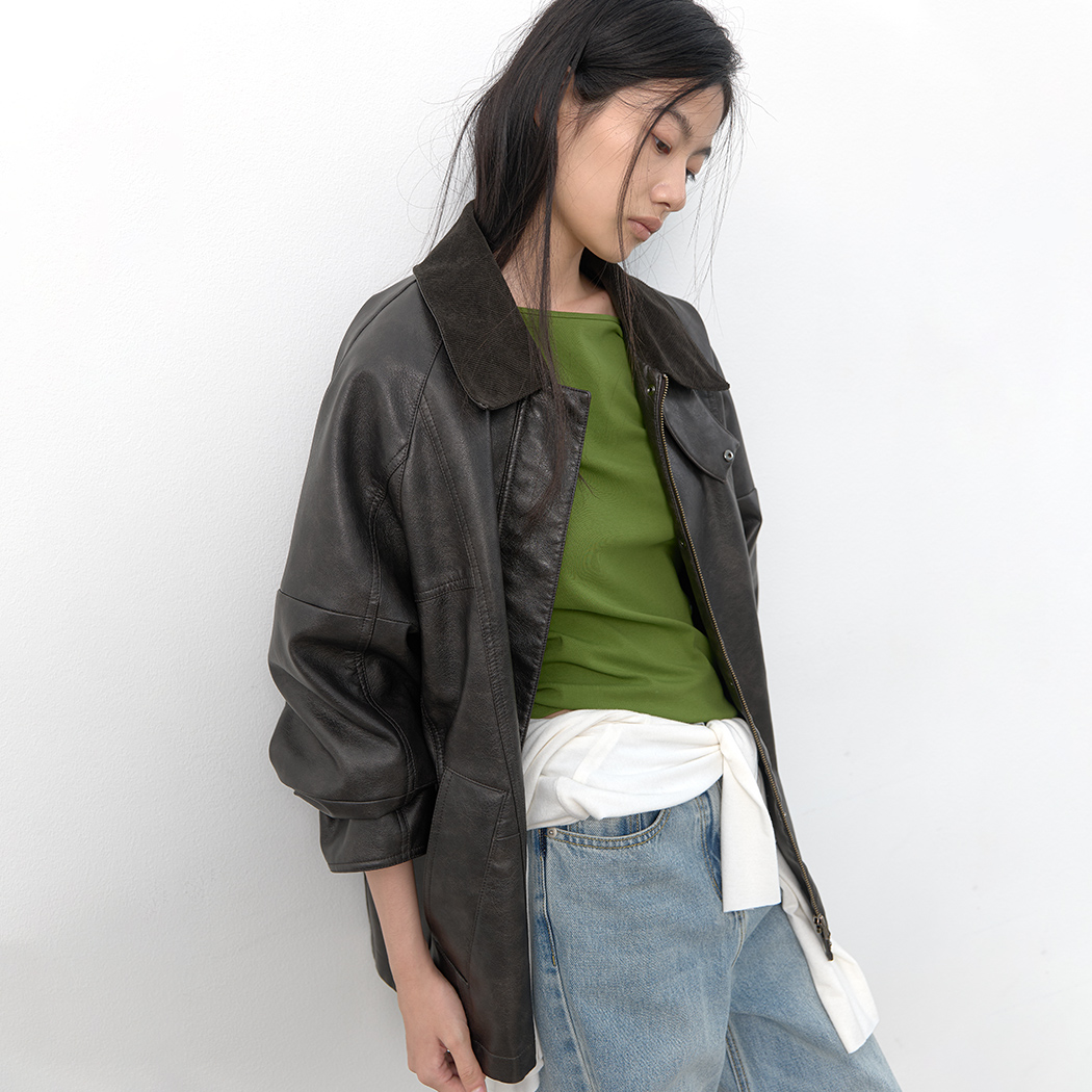 (JP-612)CORDUROY COLLAR LEATHER HALF JUMPER