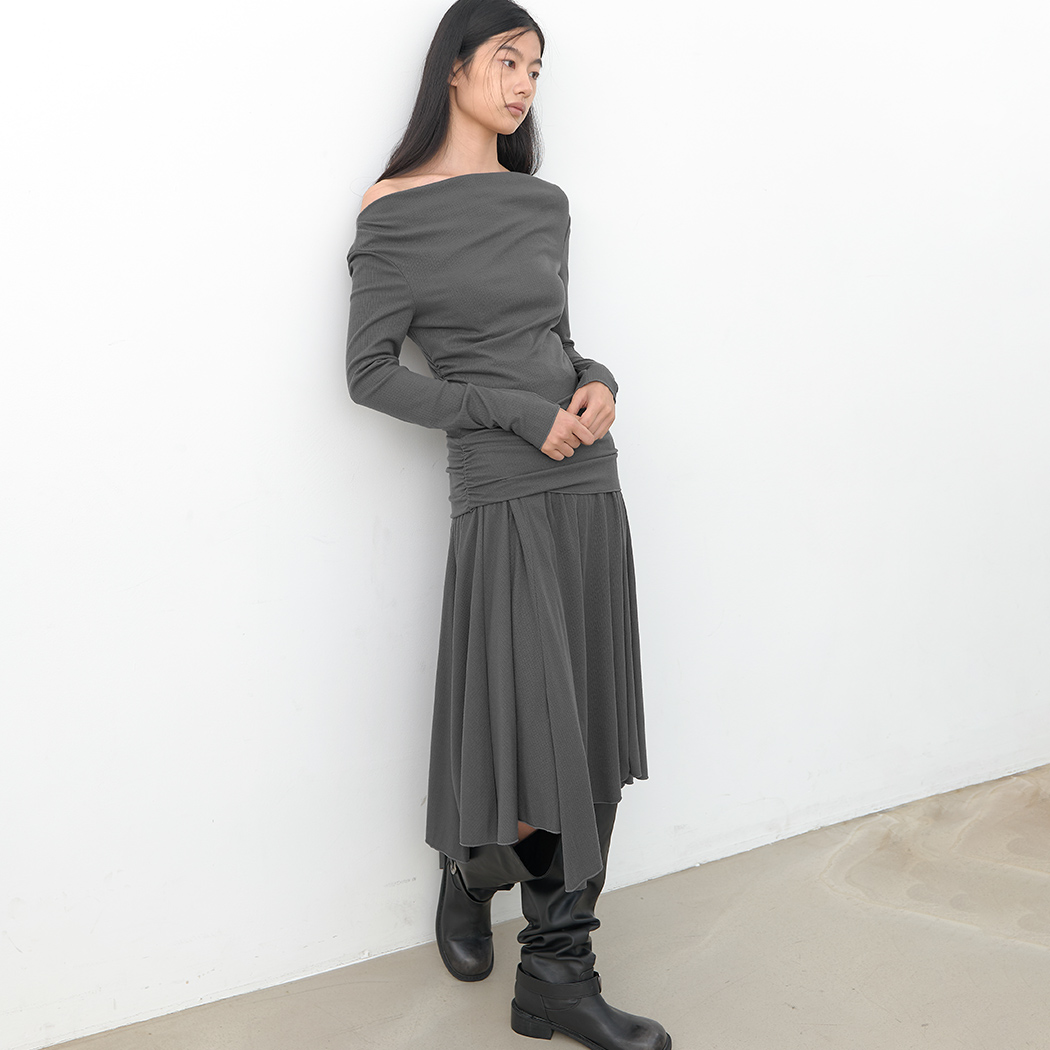 （OP-6344）COWLNECK RUCHED JERSEY DRESS