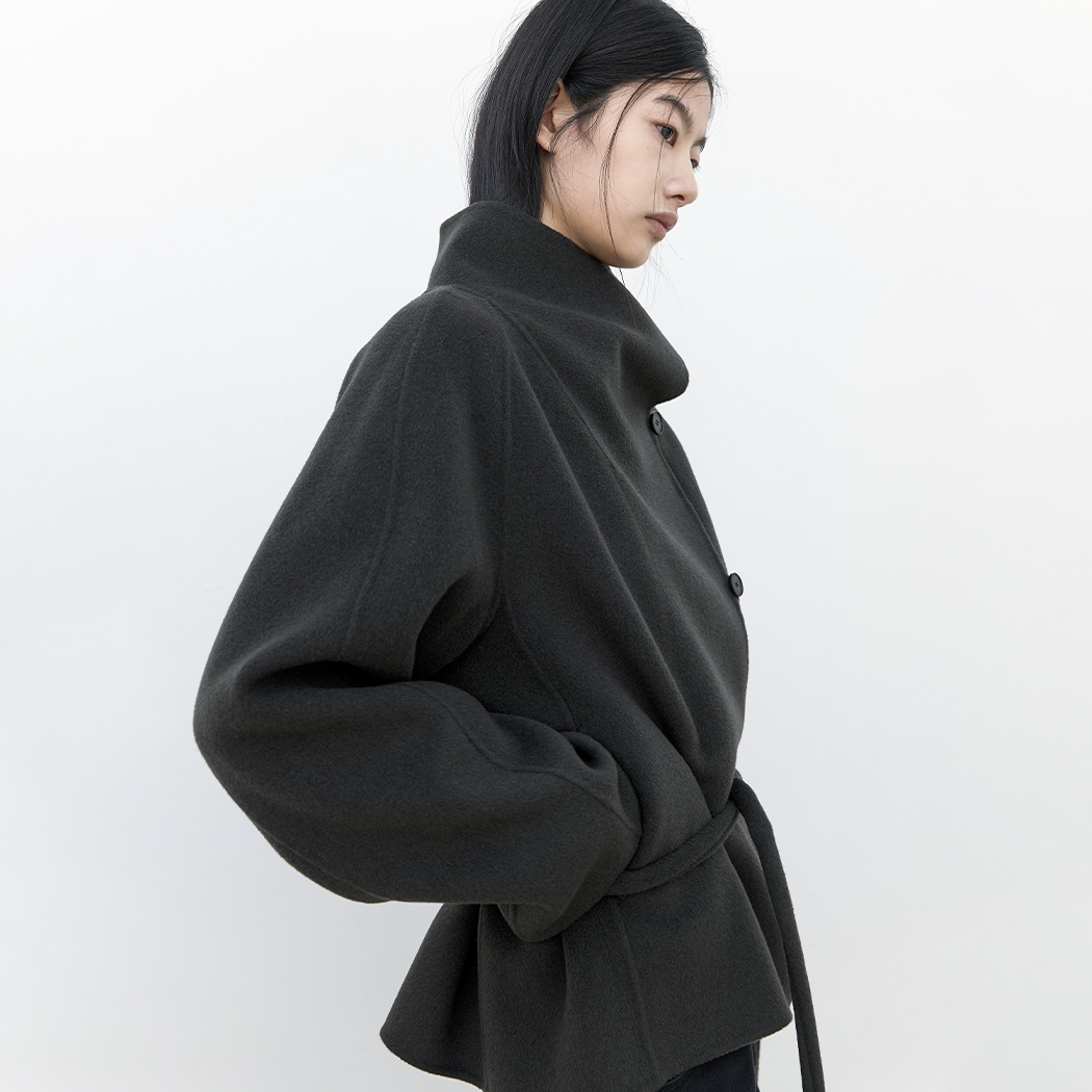 (CT-1489)HIGH NECK BELTED HALF HANDMADE COAT S