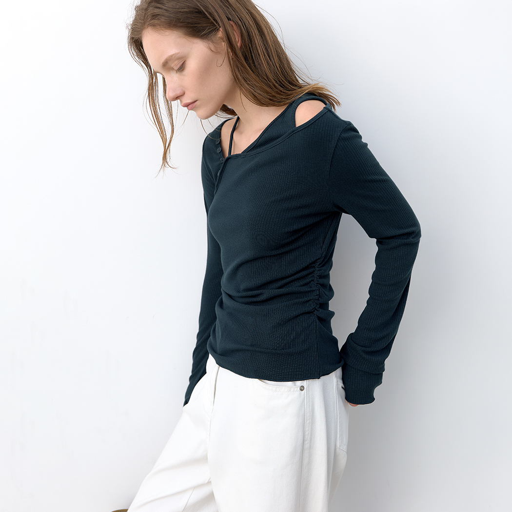 (T-7331)ONE SHOULDER LAYERED SHIRRING TEE