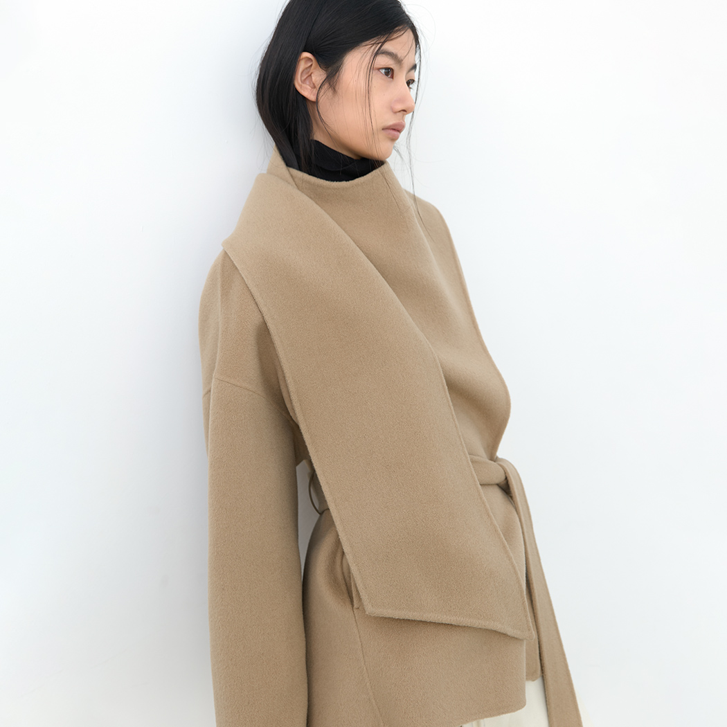 （CT-1490）DRAPE SCARF WOOL HALF HANDMADE COAT S