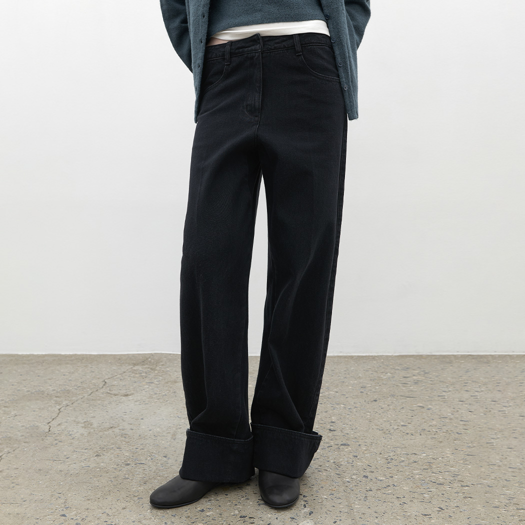 （PT-5839）CURVED TURN UP HEM DENIM PANTS