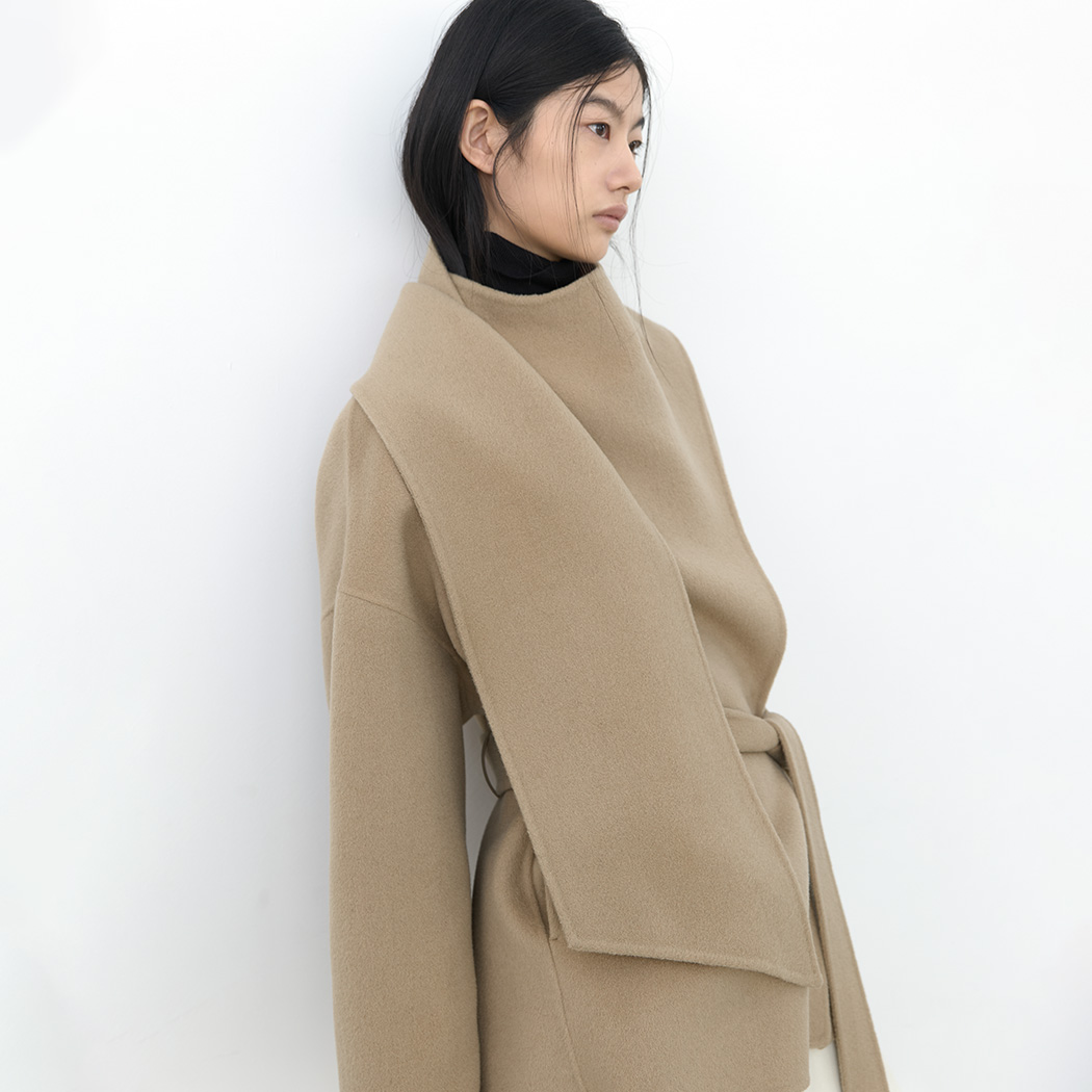 (CT-1490)DRAPE SCARF WOOL HALF HANDMADE COAT S