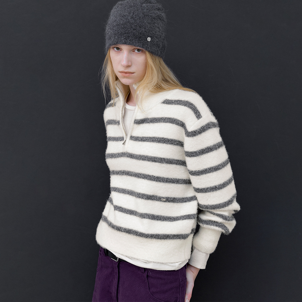 （T-7363）HAIRY STRIPE QUARTER ZIP-UP KNIT