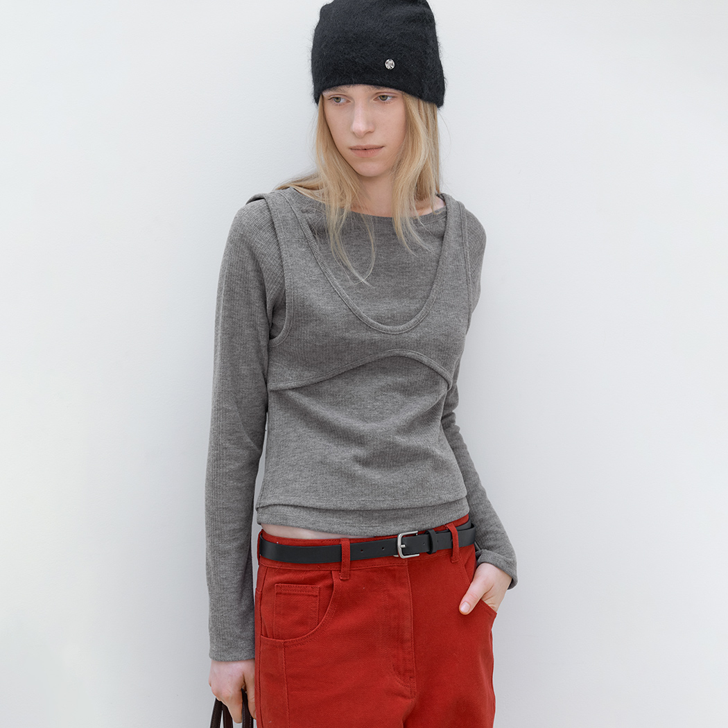 (T-7338)AN SLEEVELESS LAYERED BOAT NECK TOP